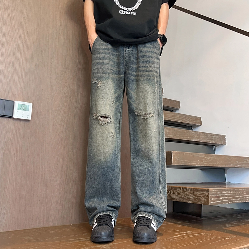 华夏儿女 美式潮牌复古破洞直筒裤高街潮流男女同款宽松休闲时尚百搭牛仔裤 男款