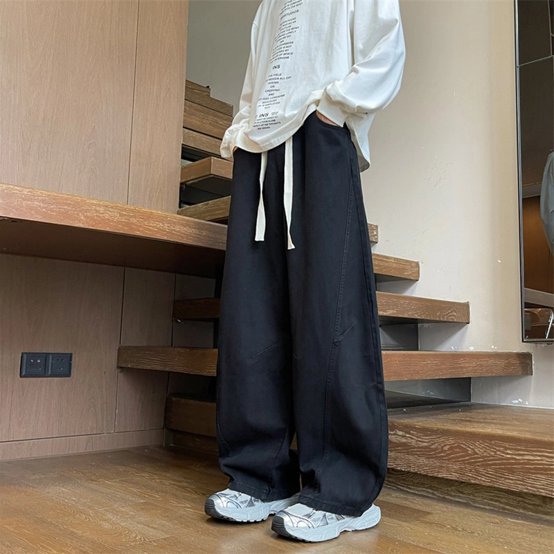 华夏儿女 美式廓形复古宽松休闲裤夏季男女款水洗做旧直筒褶皱弯刀阔腿牛仔裤 男款