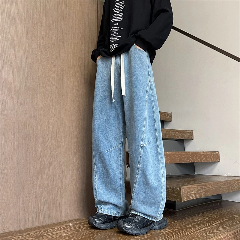 华夏儿女 美式廓形复古宽松休闲裤夏季男女款水洗做旧直筒褶皱弯刀阔腿牛仔裤 男款
