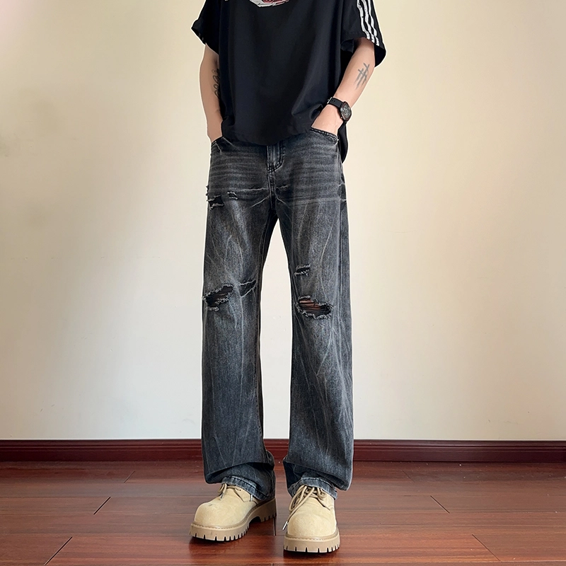 华夏儿女 秋冬季男女同款美式高街潮流破洞设计感百搭休闲直筒牛仔裤 男款