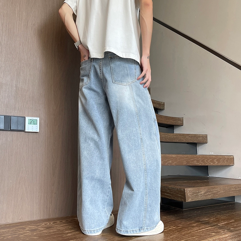 华夏儿女 美式廓形复古宽松休闲裤夏季男女款水洗做旧直筒褶皱弯刀阔腿牛仔裤 男款