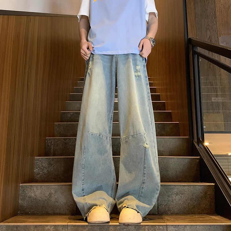 华夏儿女 秋冬季男女款美式高街潮流宽松直筒裤时尚潮牌设计感休闲百搭阔腿牛仔裤 男款