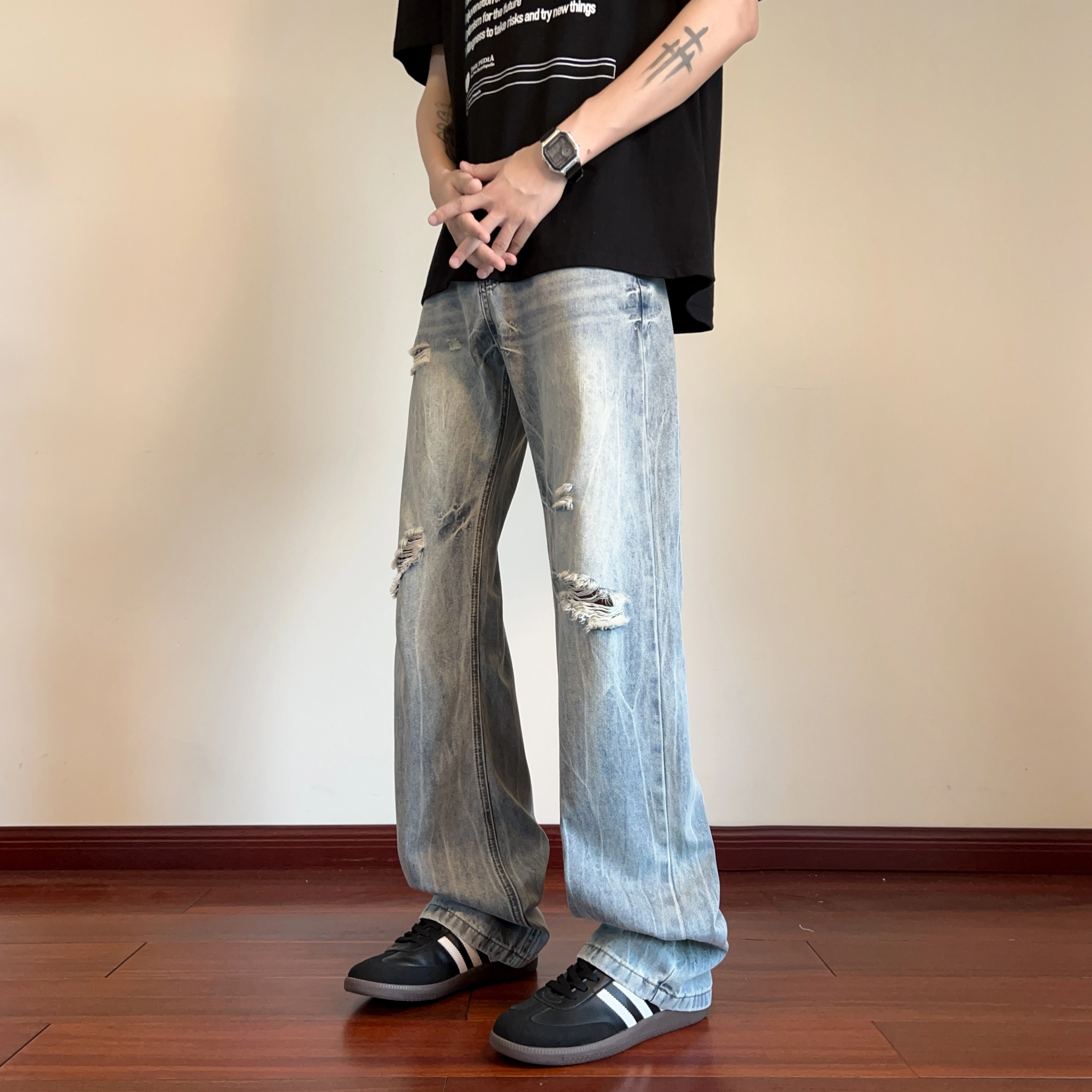华夏儿女 秋冬季男女同款美式高街潮流破洞设计感百搭休闲直筒牛仔裤 男款