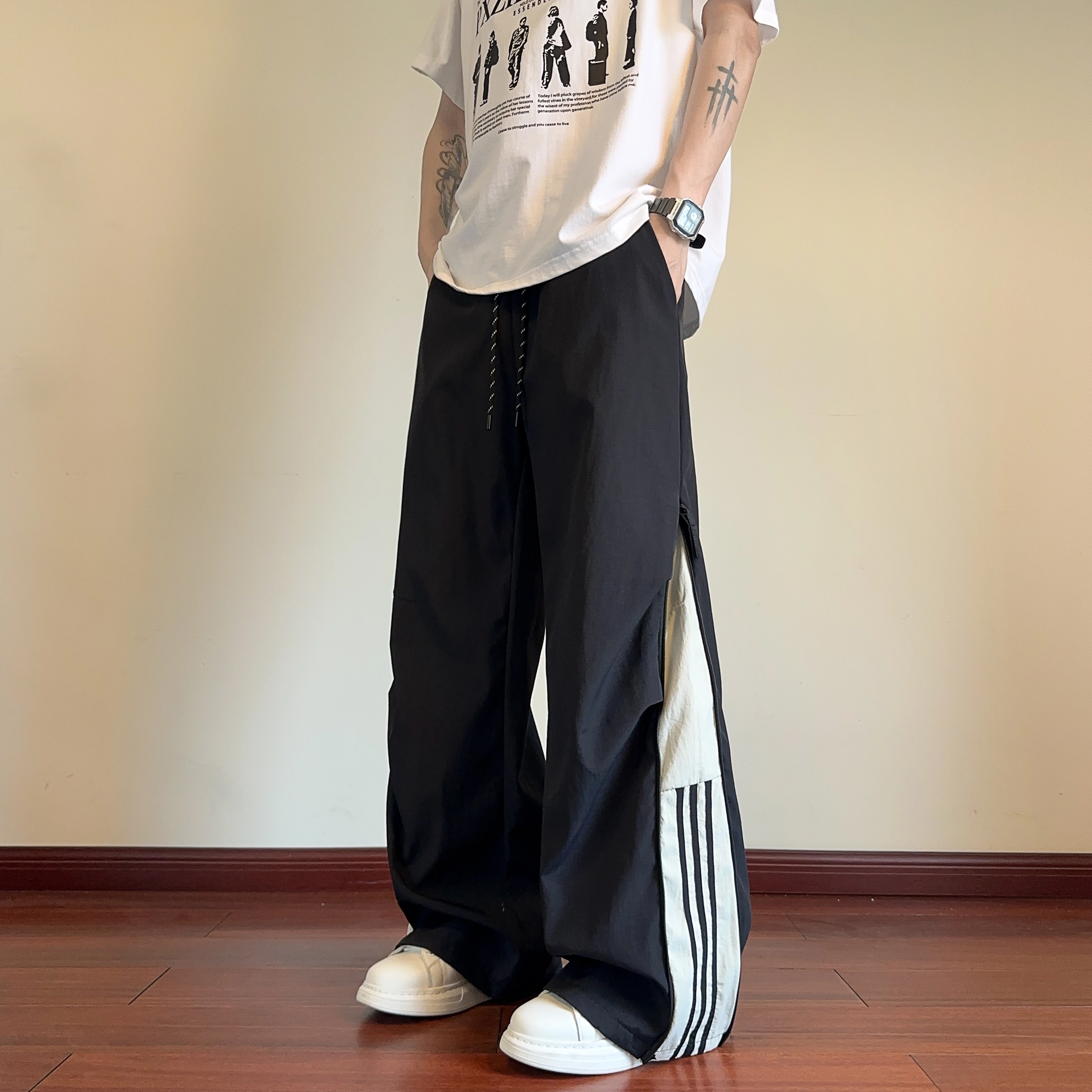 华夏儿女 秋季男女款美式三条杠拉链设计百搭舒适速干阔腿休闲裤 男款