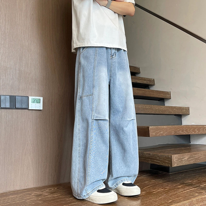 华夏儿女 美式廓形复古宽松休闲裤夏季男女款水洗做旧直筒褶皱弯刀阔腿牛仔裤 男款
