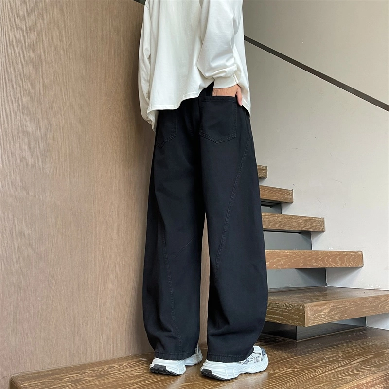 华夏儿女 美式廓形复古宽松休闲裤夏季男女款水洗做旧直筒褶皱弯刀阔腿牛仔裤 男款