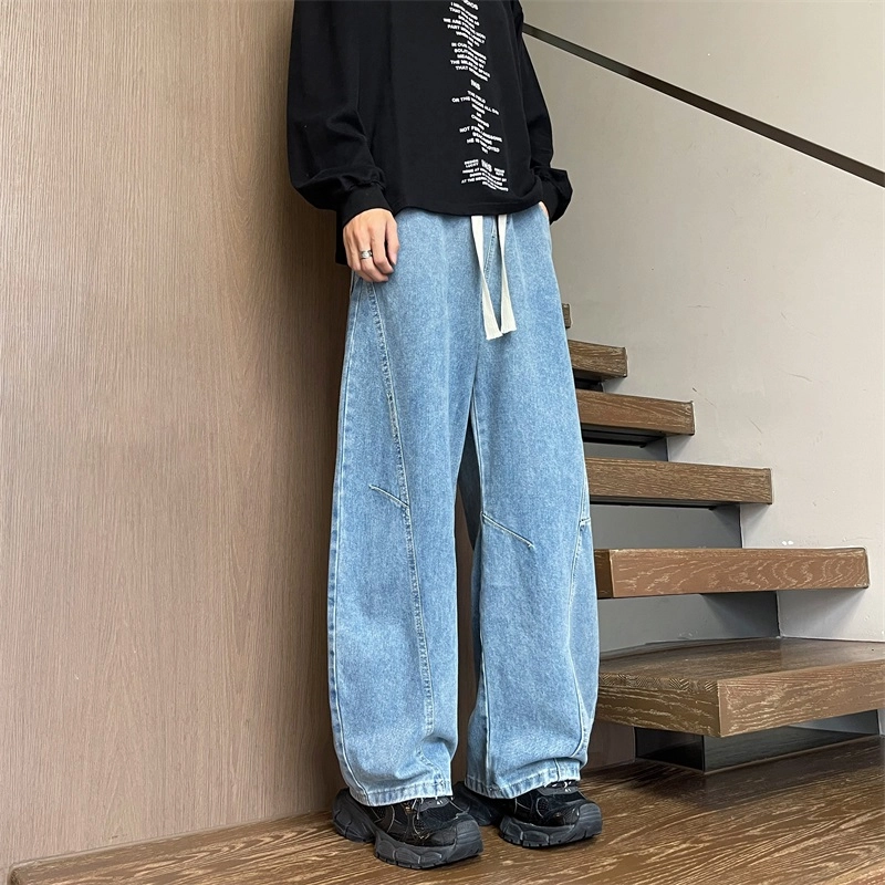 华夏儿女 美式廓形复古宽松休闲裤夏季男女款水洗做旧直筒褶皱弯刀阔腿牛仔裤 男款