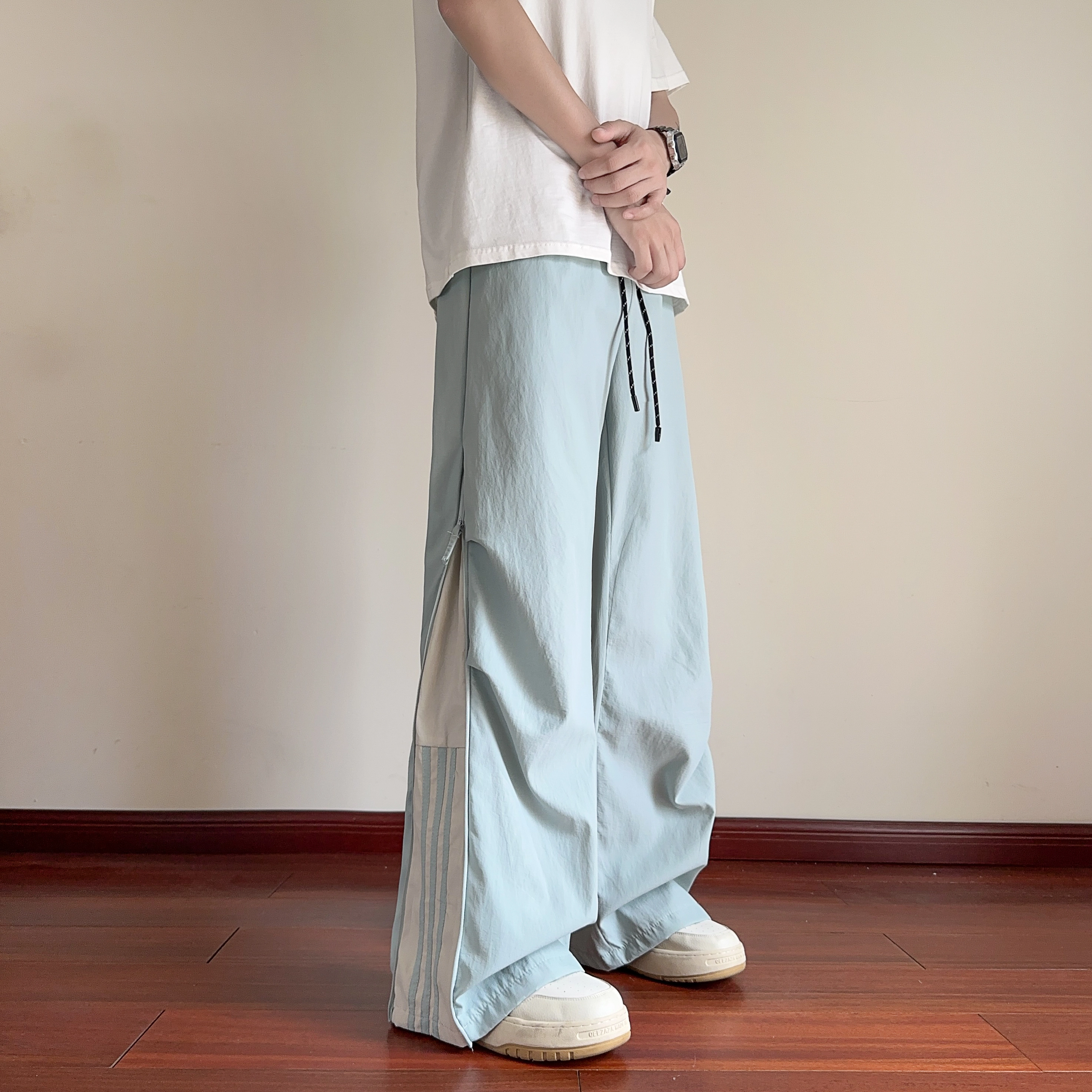 华夏儿女 秋季男女款美式三条杠拉链设计百搭舒适速干阔腿休闲裤 男款