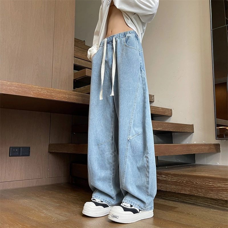 华夏儿女 美式廓形复古宽松休闲裤夏季男女款水洗做旧直筒褶皱弯刀阔腿牛仔裤 男款