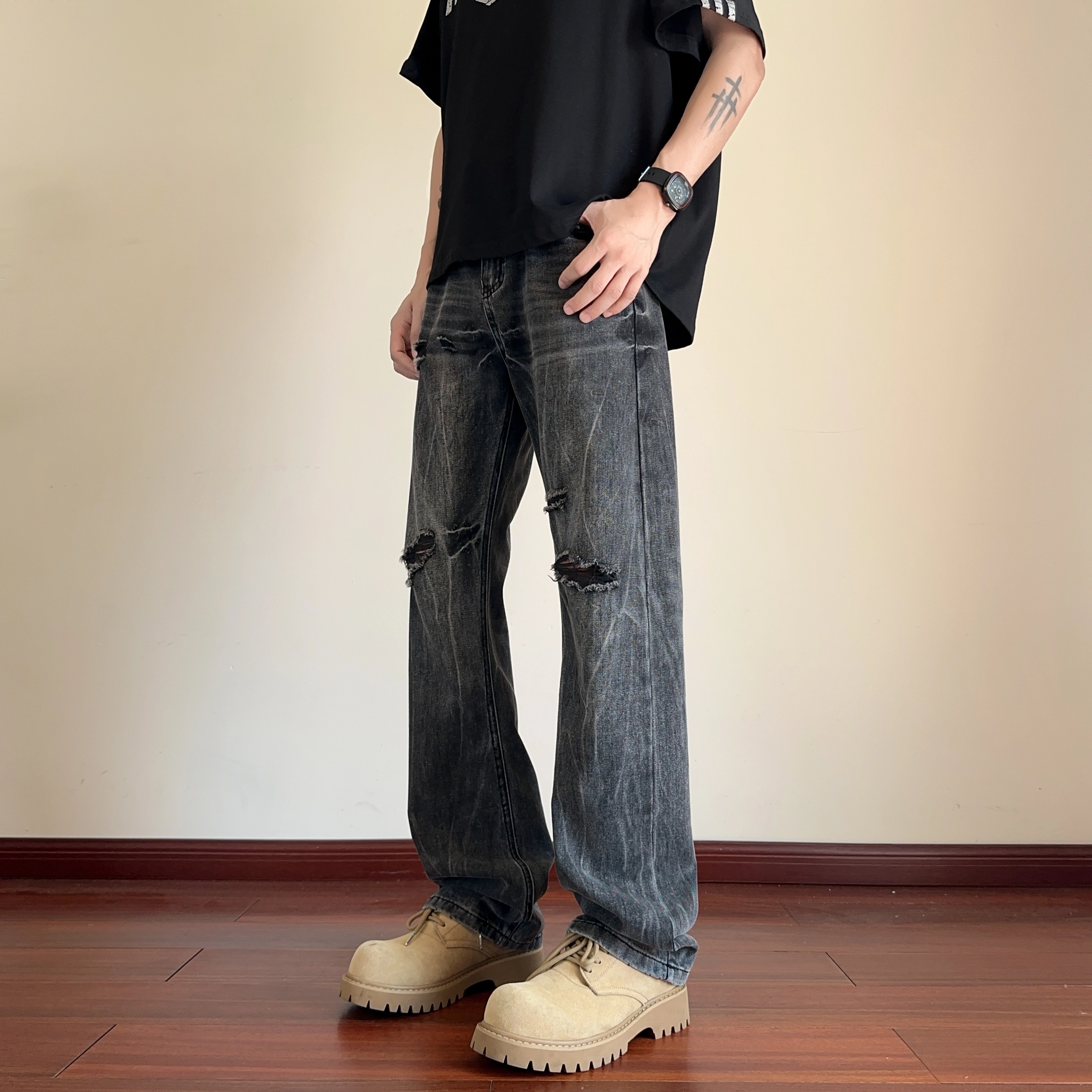 华夏儿女 秋冬季男女同款美式高街潮流破洞设计感百搭休闲直筒牛仔裤 男款
