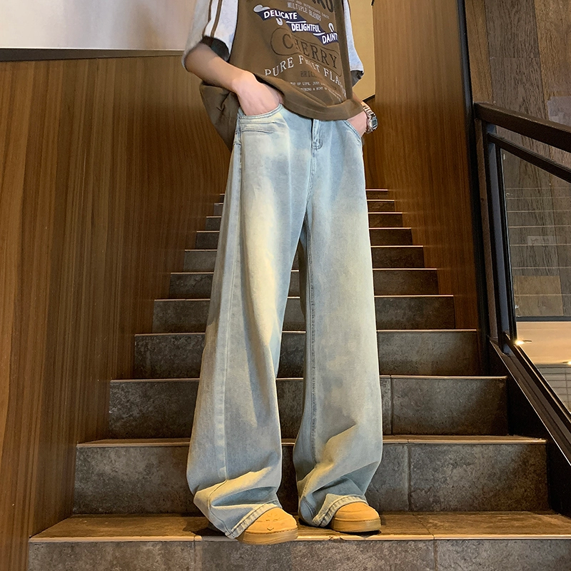 华夏儿女 秋冬季男女款美式高街潮流宽松直筒裤时尚潮牌设计感休闲百搭阔腿牛仔裤 男款