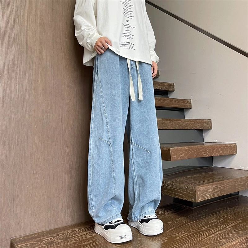 华夏儿女 美式廓形复古宽松休闲裤夏季男女款水洗做旧直筒褶皱弯刀阔腿牛仔裤 男款