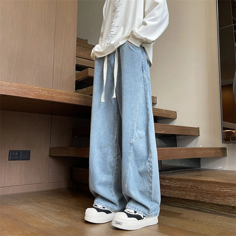 华夏儿女 美式廓形复古宽松休闲裤夏季男女款水洗做旧直筒褶皱弯刀阔腿牛仔裤 男款