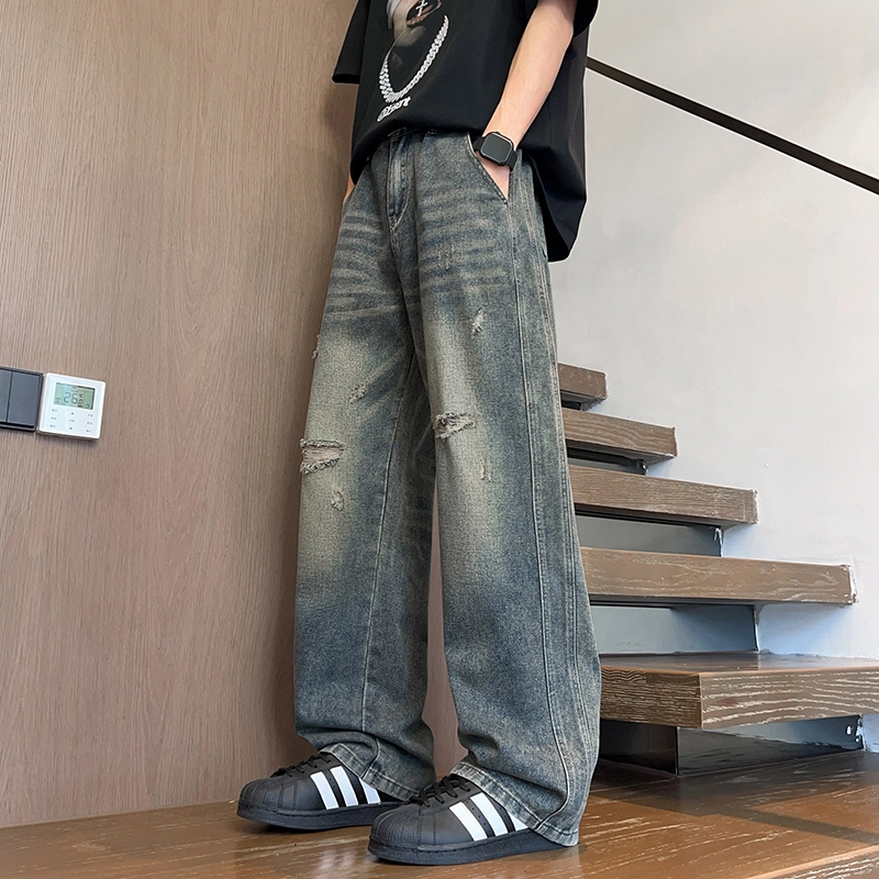 华夏儿女 美式潮牌复古破洞直筒裤高街潮流男女同款宽松休闲时尚百搭牛仔裤 男款