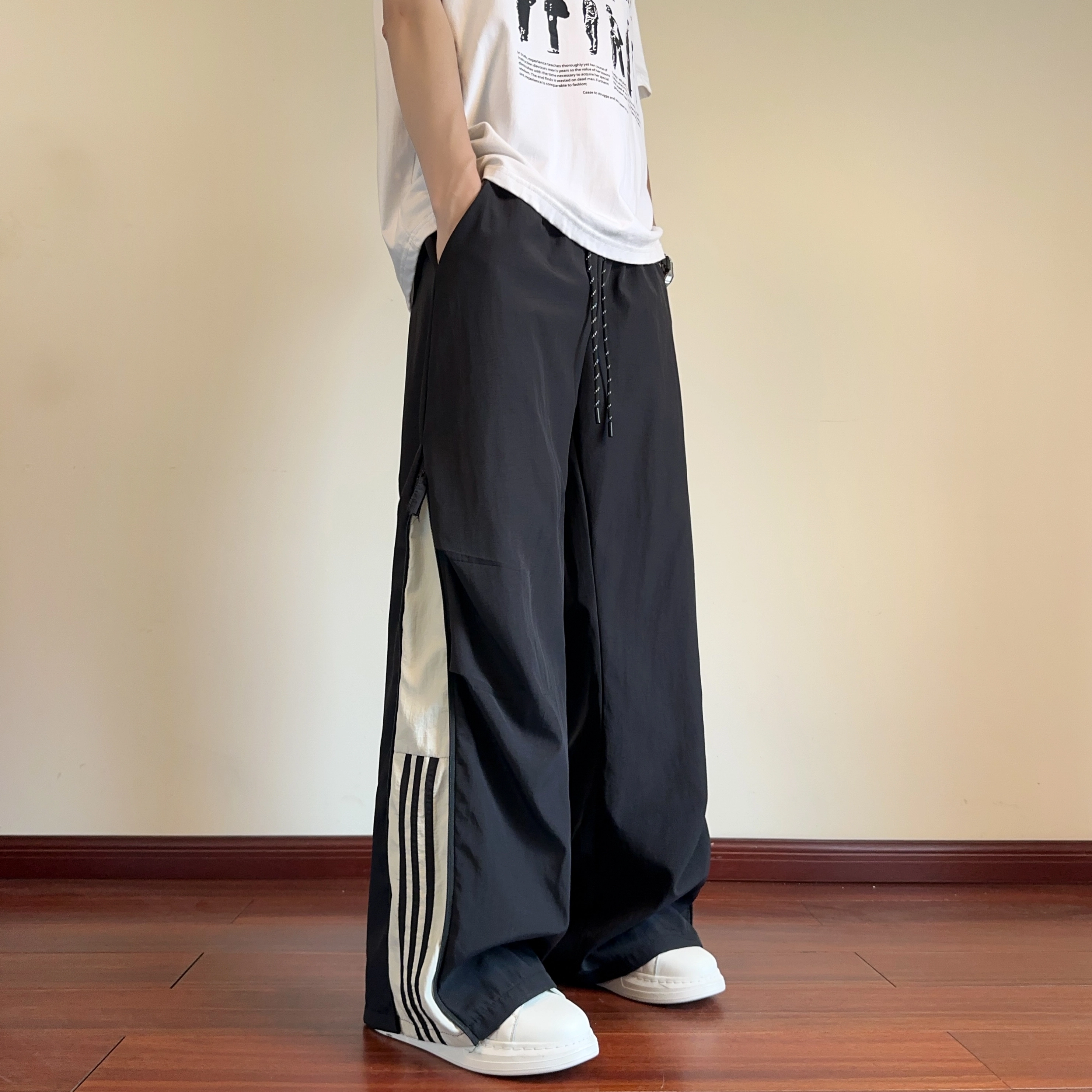 华夏儿女 秋季男女款美式三条杠拉链设计百搭舒适速干阔腿休闲裤 男款