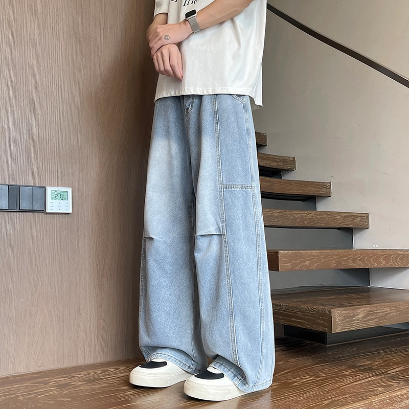 华夏儿女 美式廓形复古宽松休闲裤夏季男女款水洗做旧直筒褶皱弯刀阔腿牛仔裤 男款