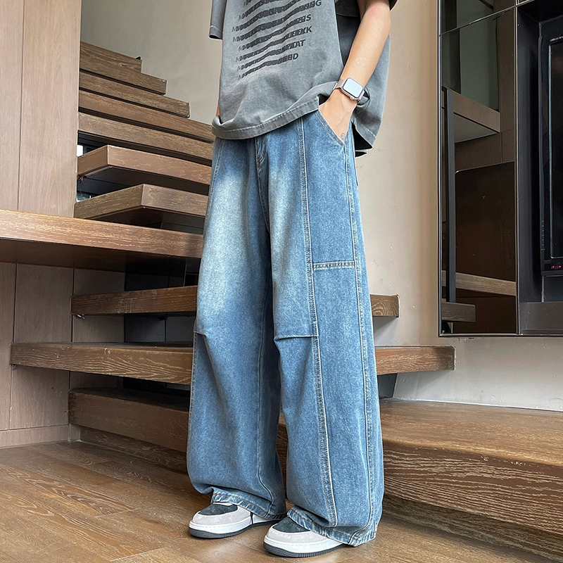 华夏儿女 美式廓形复古宽松休闲裤夏季男女款水洗做旧直筒褶皱弯刀阔腿牛仔裤 男款