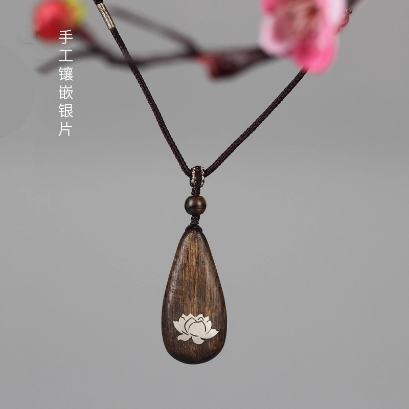 工匠一族 水滴莲花木质手工镶嵌精致古风国风吉祥吊坠 檀木 项链 女款