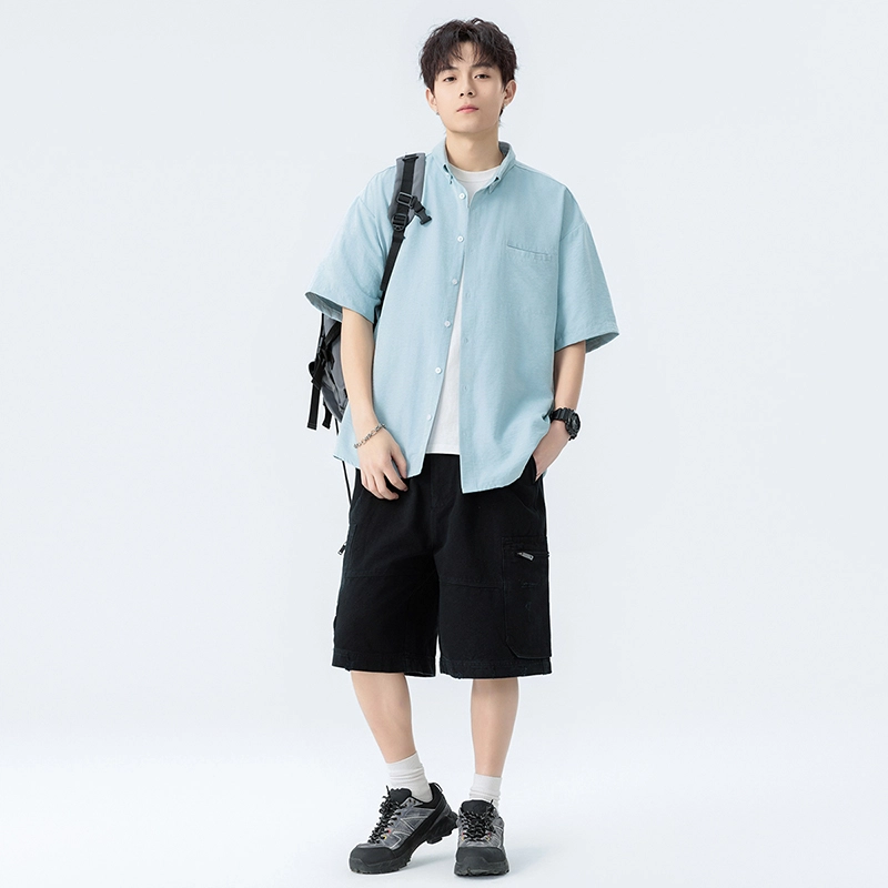 海尔斯 潮牌百搭帅气工装衬衣时尚运动休闲纯色短袖衬衫 男款