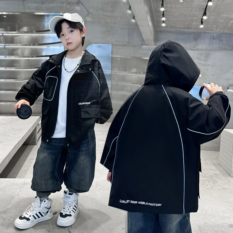 木木屋夹克外套 百搭舒适连帽长袖拉链 黑色 青少年