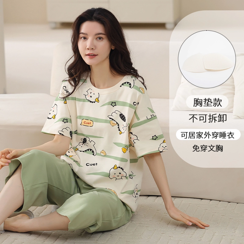 都市丽人 休闲可爱卡通条纹设计感时尚舒适透气柔软免穿文胸带胸垫防凸点家居圆领短袖七分裤睡衣套装 女款