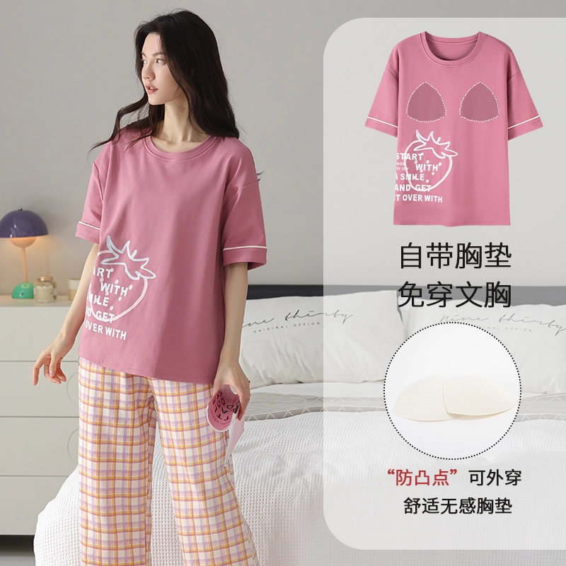 都市丽人 个性涂鸦草莓休闲时尚舒适纯棉透气柔软免穿文胸带胸垫防凸点家居圆领短袖格子裤七分裤睡衣套装 女款