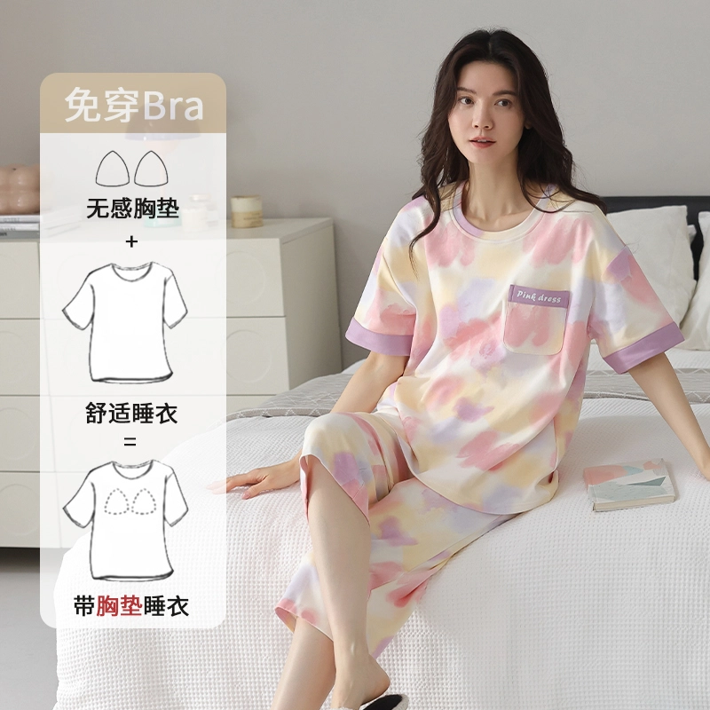 都市丽人 可爱个性涂鸦条纹设计感休闲时尚舒适透气柔软免穿文胸带胸垫防凸点家居带口袋圆领短袖七分裤睡衣套装 女款