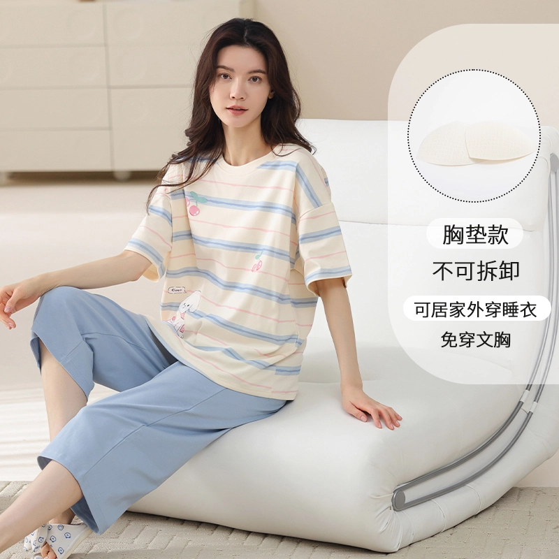 都市丽人 可爱卡通条纹设计感休闲时尚舒适透气柔软免穿文胸带胸垫防凸点家居圆领短袖七分裤睡衣套装 女款