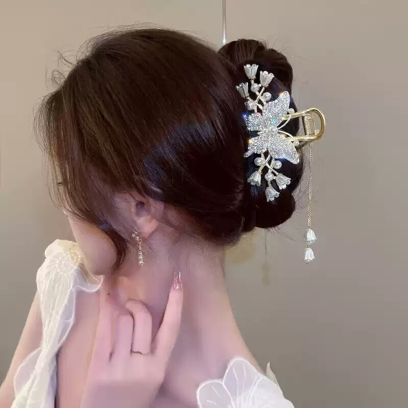 缔晶 森系请新时尚三生有杏流苏鲨鱼套装 甜美浪漫日常通勤造型感盘发 合金 发夹 女款