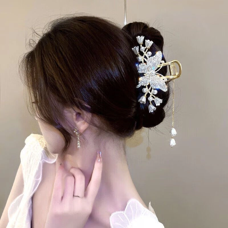 缔晶 森系田园风铃兰蝴蝶流苏鲨鱼夹套装 优雅气质通勤时尚百搭 合金 发夹 女款