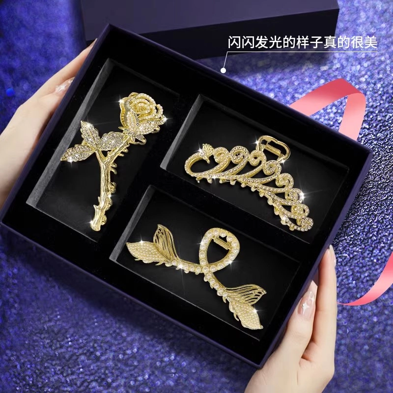缔晶 浪漫法式鱼尾玫瑰鲨鱼夹抓夹套装 日常时尚通勤复古风发饰 合金 发夹 女款