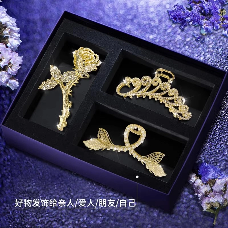 缔晶 浪漫法式鱼尾玫瑰鲨鱼夹抓夹套装 日常时尚通勤复古风发饰 合金 发夹 女款