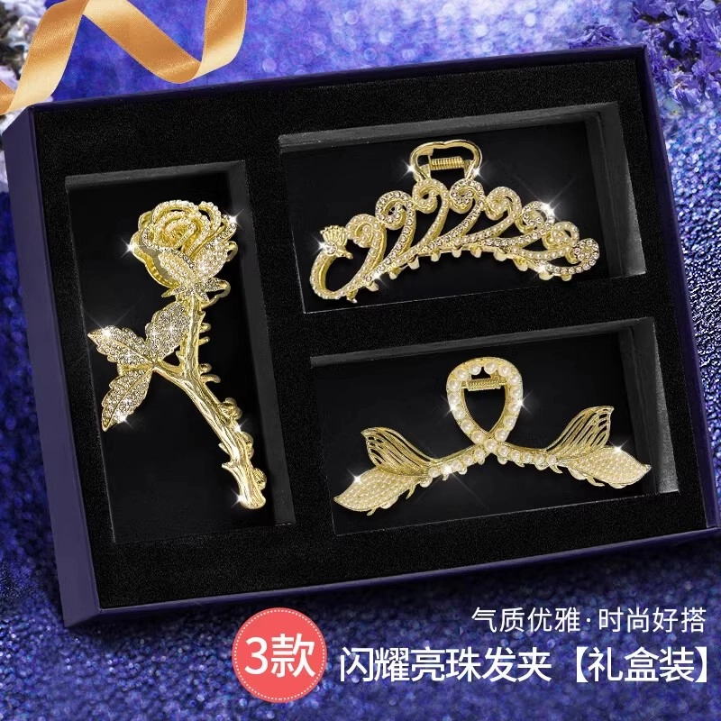 缔晶 浪漫法式鱼尾玫瑰鲨鱼夹抓夹套装 日常时尚通勤复古风发饰 合金 发夹 女款