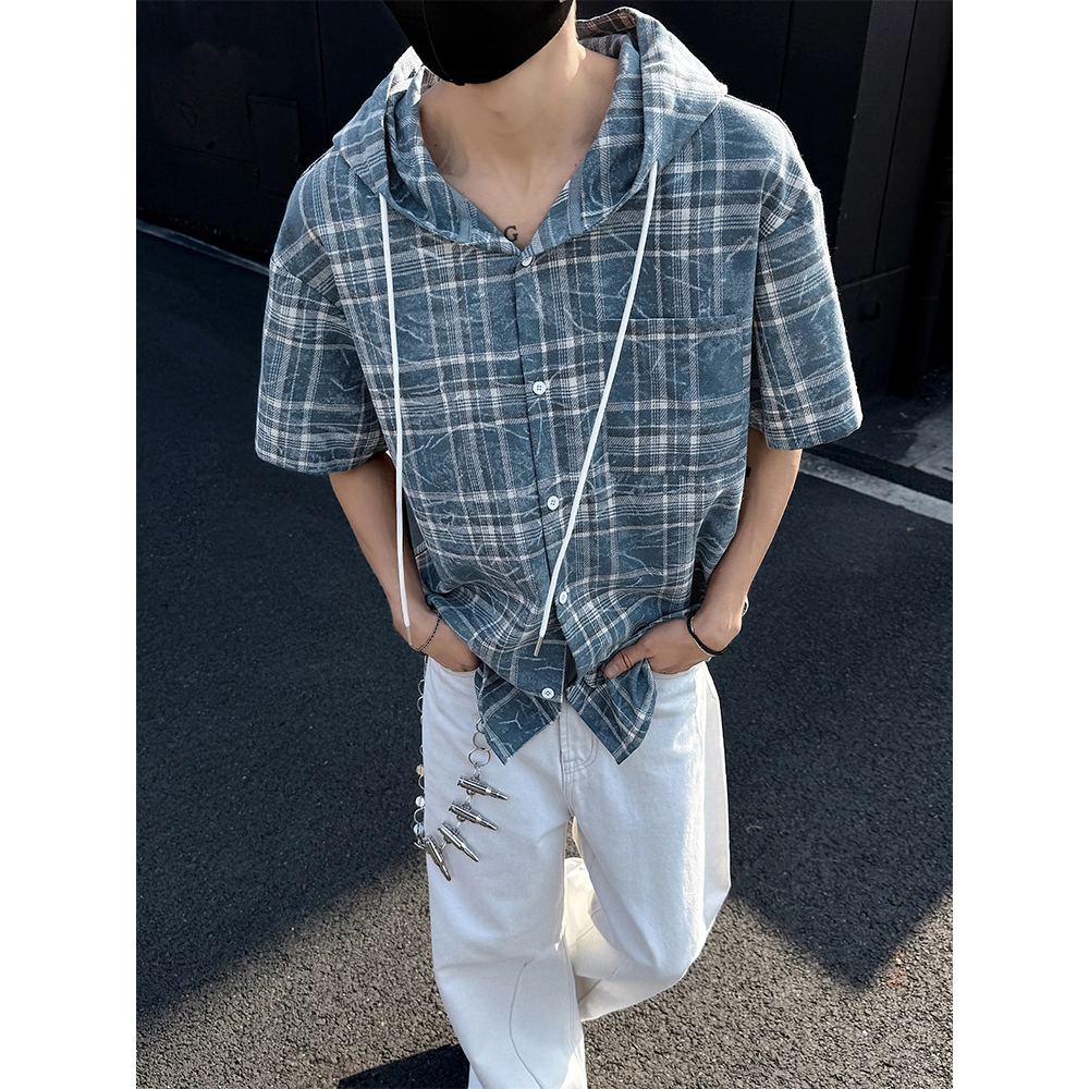 颂希尔 美式复古格子设计宽松百搭帅气休闲连帽短袖衬衫 男女同款 蓝格