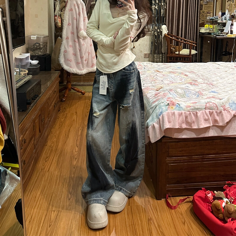 颂希尔 美式宽松直筒复古弯刀破洞高街潮牌涂鸦牛仔裤 男女同款