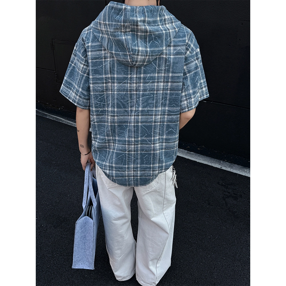 颂希尔 美式复古格子设计宽松百搭帅气休闲连帽短袖衬衫 男女同款 蓝格