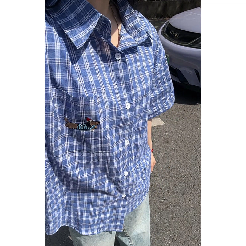 颂希尔 复古宽松纽扣薄款透气简约百搭休闲格子刺绣腊肠狗翻领少年感短袖衬衫 男女同款