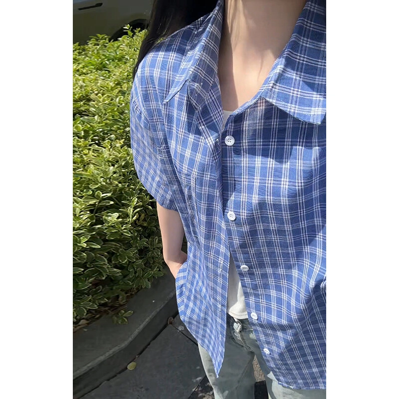 颂希尔 复古宽松纽扣薄款透气简约百搭休闲格子刺绣腊肠狗翻领少年感短袖衬衫 男女同款