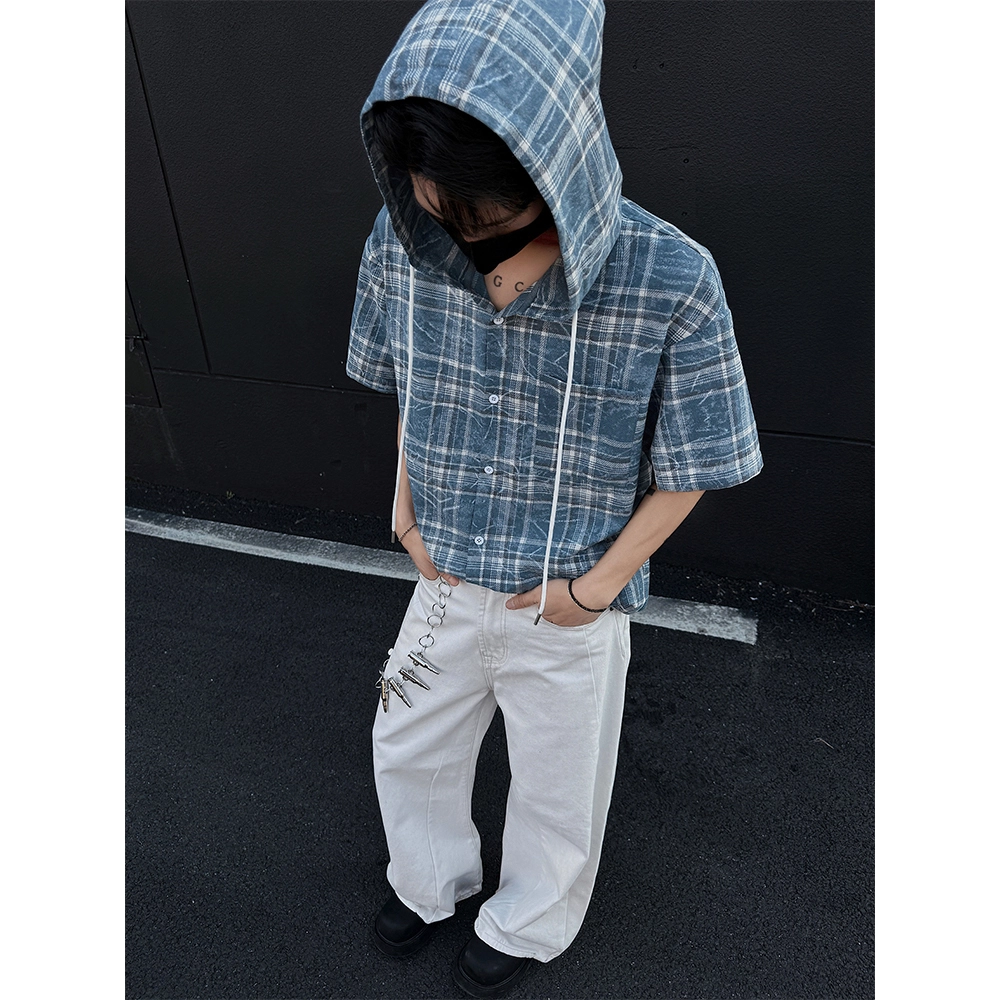 颂希尔 美式复古格子设计宽松百搭帅气休闲连帽短袖衬衫 男女同款 蓝格