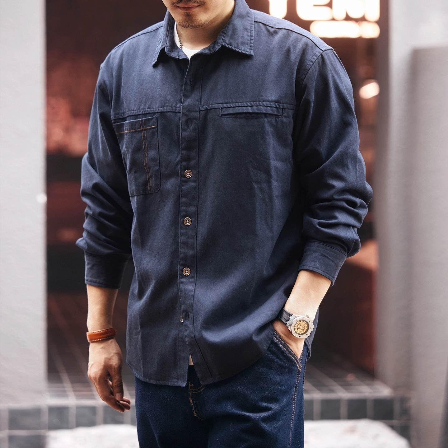 格蓝鹿 春秋季 日系复古文艺青年风工装翻领长袖男士城市机能大码纯色拼接口袋设计潮牌休闲上衣外套衬衫 宽松 男女同款