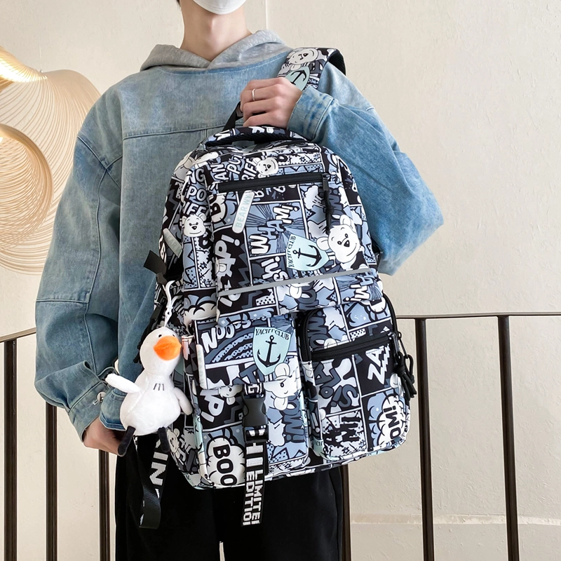 行途 潮酷时尚迷彩涂鸦校园背包港风大学生书包潮 尼龙 双肩包 常规 男女同款情侣款 黑色/红色/蓝色/紫色