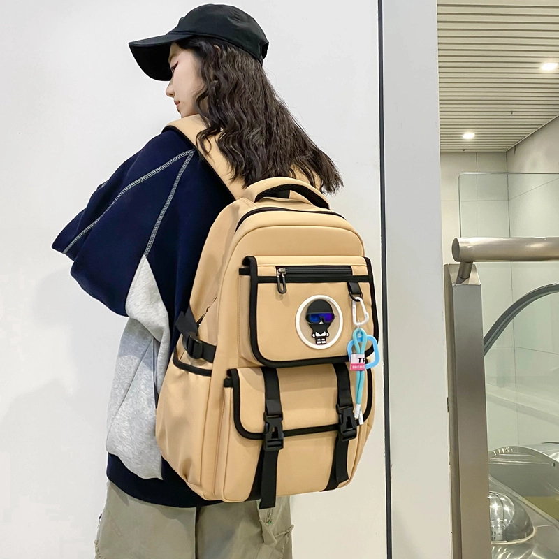 行途 大容量初高中大学生上课书包潮时尚简约休闲 尼龙 双肩包 男女同款情侣款 黑色/米白色/绿色/卡其色