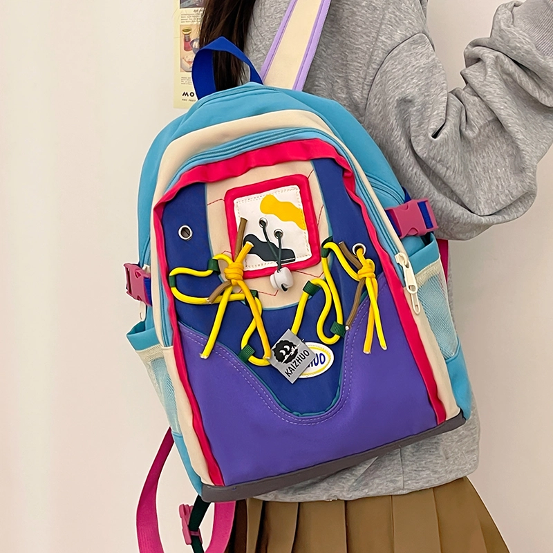 行途 休闲百搭撞色创意 帆布 双肩包 小号 女款 蓝色/卡其色