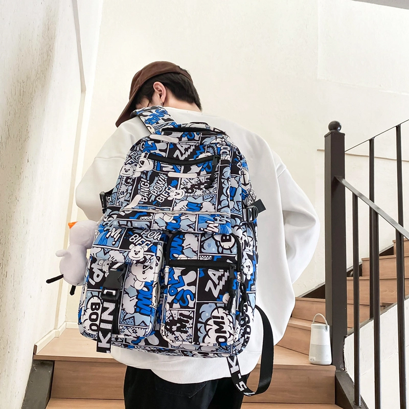行途 潮酷时尚迷彩涂鸦校园背包港风大学生书包潮 尼龙 双肩包 常规 男女同款情侣款 黑色/红色/蓝色/紫色
