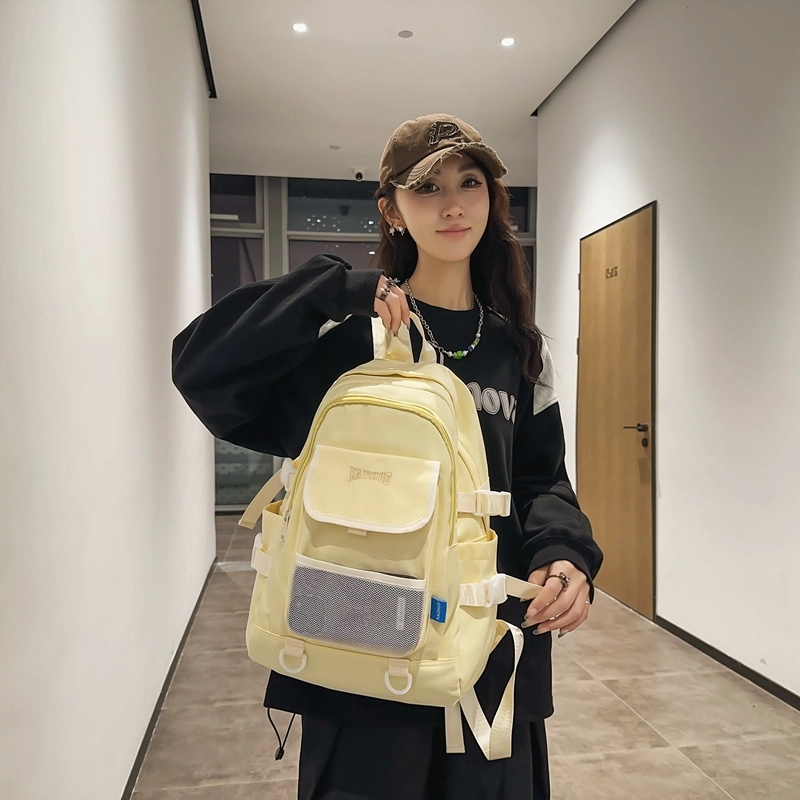 行途 韩版学生书包初高中生简约背包高颜值纯色 尼龙 双肩包 常规 男女同款情侣款 黑色/白色/绿色/黄色