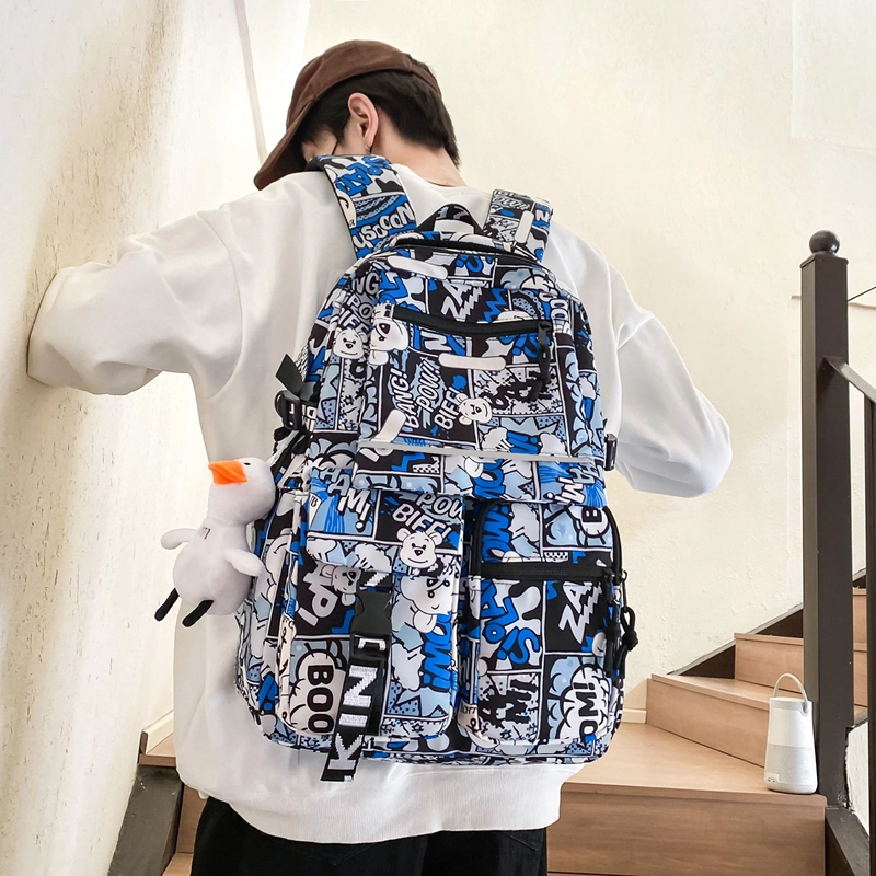 行途 潮酷时尚迷彩涂鸦校园背包港风大学生书包潮 尼龙 双肩包 常规 男女同款情侣款 黑色/红色/蓝色/紫色