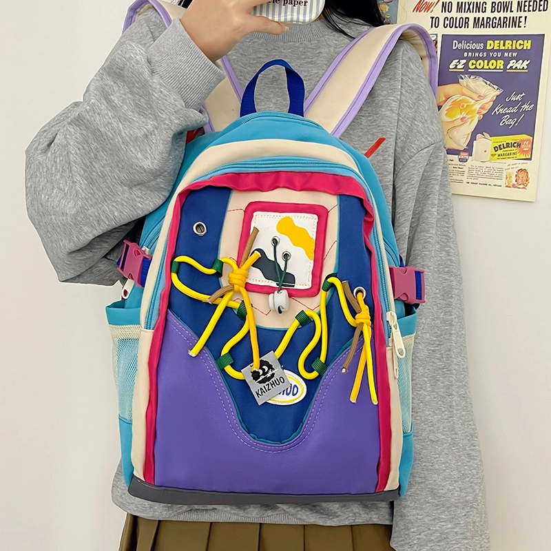 行途 休闲百搭撞色创意 帆布 双肩包 小号 女款 蓝色/卡其色