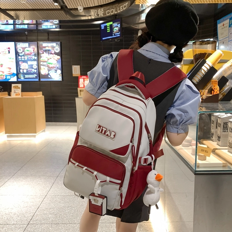 行途 韩版简约大容量中学生初中生减负高中 尼龙 双肩包 女款 黑色/桔色/红色/卡其色/绿色