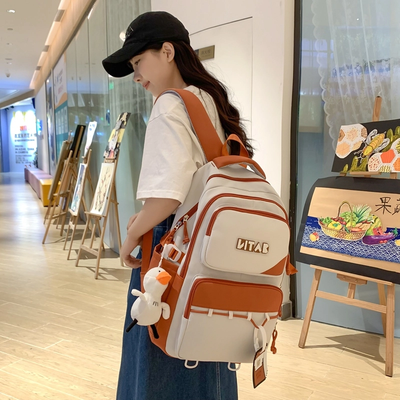 行途 韩版简约大容量中学生初中生减负高中 尼龙 双肩包 女款 黑色/桔色/红色/卡其色/绿色