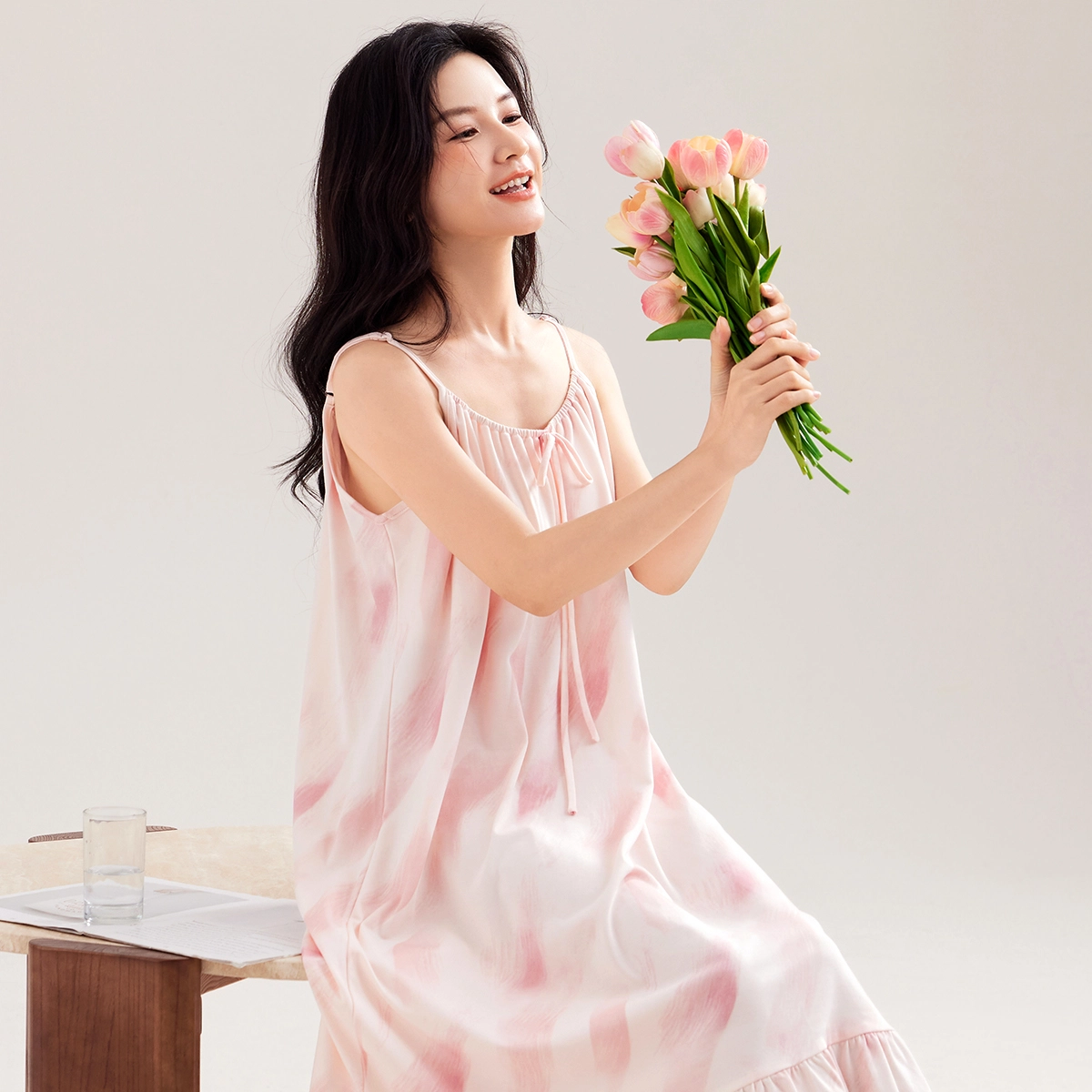 都市丽人 时尚简约休闲舒适小清新无袖睡裙 女款 粉红色